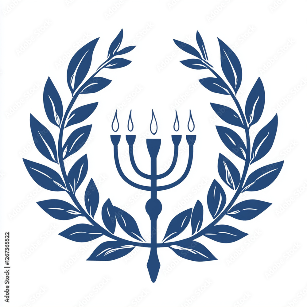 Fototapeta premium Blue menorah with laurel wreath emblem.