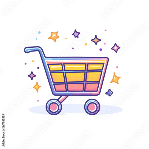 Colorful shopping cart icon with sparkles.