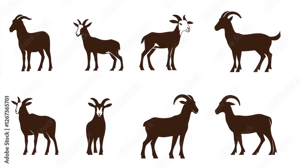 Set of goat silhouette images, isolated on white backdrop Set of goat silhouette images, isolated on white backdrop