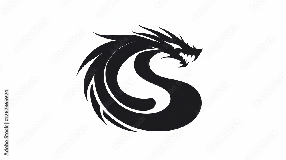 Naklejka premium Stylized dragon logo, coiled, sharp, white background, graphic design