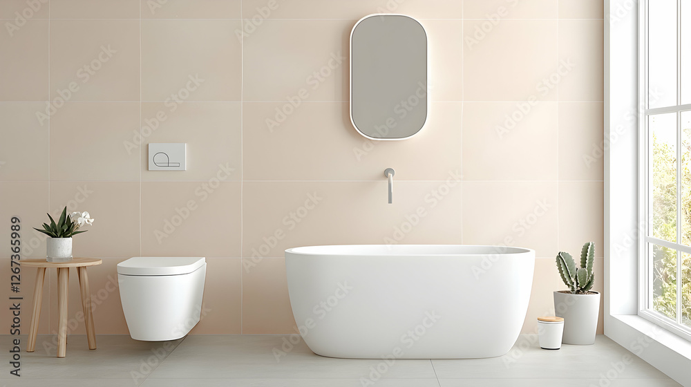 Fototapeta premium Minimalist modern bathroom interior featuring a white freestanding bathtub, wall-mounted toilet, and oval mirror under bright natural light.