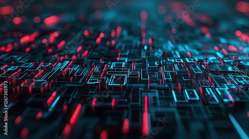 A vivid abstract representation of a digital landscape, showcasing intricate lines and glowing patterns in red and blue hues.