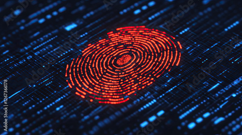 A glowing red fingerprint is centered against a backdrop of flowing binary code, symbolizing digital security and biometric authentication.