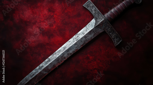 A historical greatsword with a weathered iron blade and a grip wrapped in deep brown leather, leaning against a muted burgundy background photo