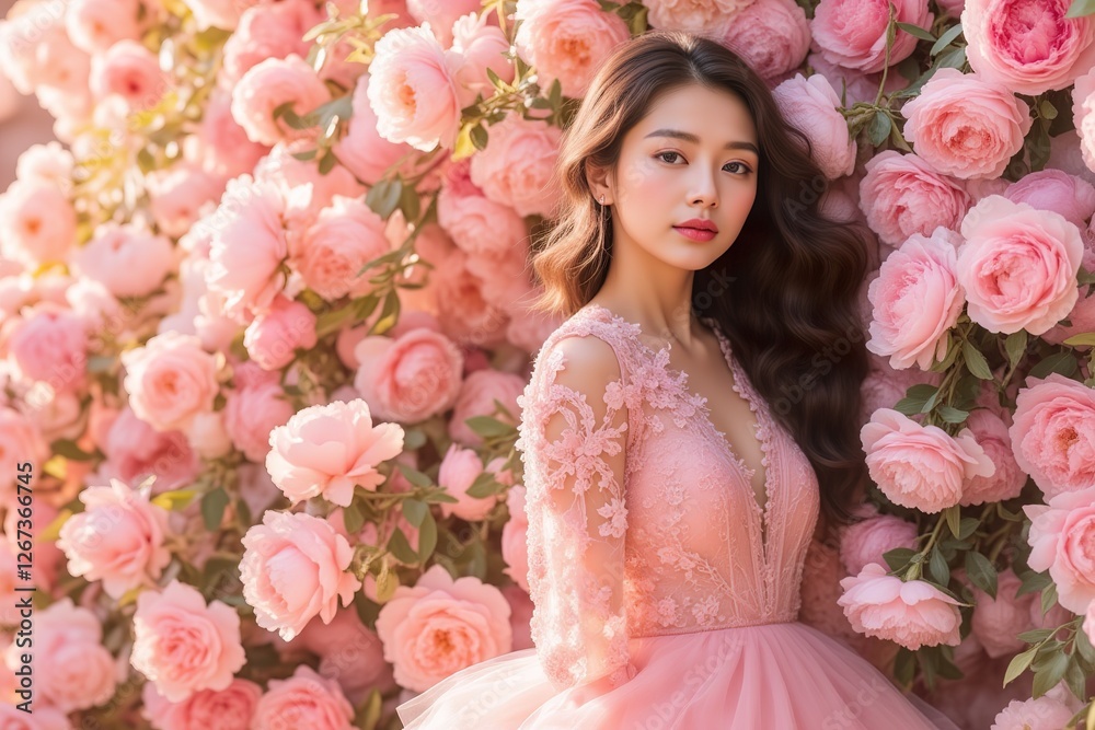 Naklejka premium A woman with long brown hair wears a delicate pink lace dress. She's surrounded by a vibrant backdrop of numerous pink roses, creating a stunning visual.