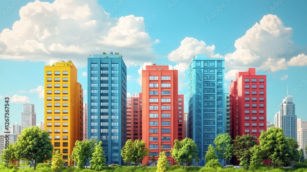 Vibrant Colorful Cityscape Modern Apartment Buildings with Lush Greenery Under a Sunny Sky Vibrant Colorful Cityscape Modern Apartment Buildings with Lush Greenery Under a Sunny Sky