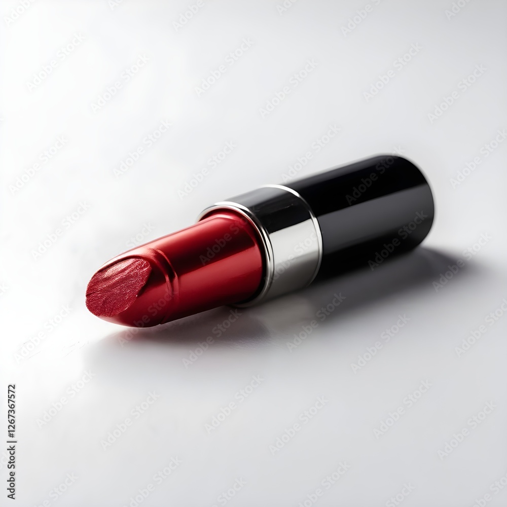 Close-Up of Red Lipstick with Silver Metallic Casing on White Surface – Elegant and Vibrant Beauty Product Photography Close-Up of Red Lipstick with Silver Metallic Casing on White Surface – Elegant and Vibrant Beauty Product Photography