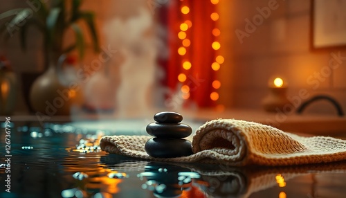 Serene spa sanctuary, Stones, towel, and calming ambiance for relaxation