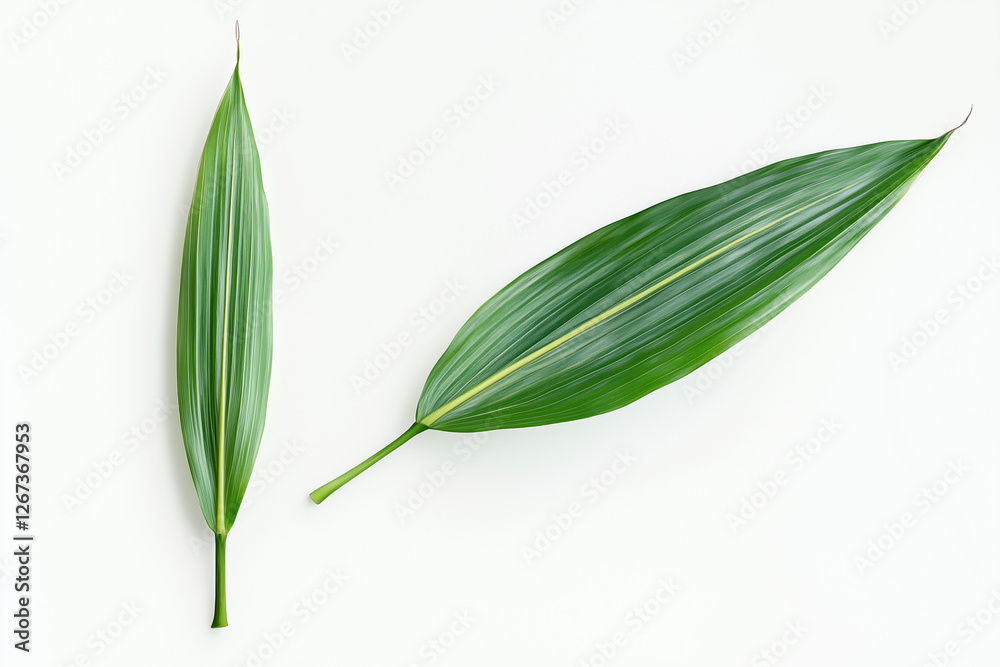 Obraz premium Green leaves with different shapes and patterns arranged in a row on a white background.