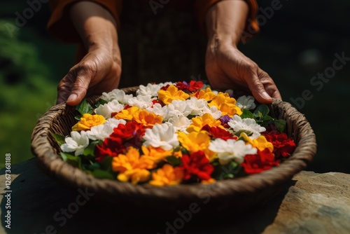 Hands present vibrant basket filled with colorful flowers, showc