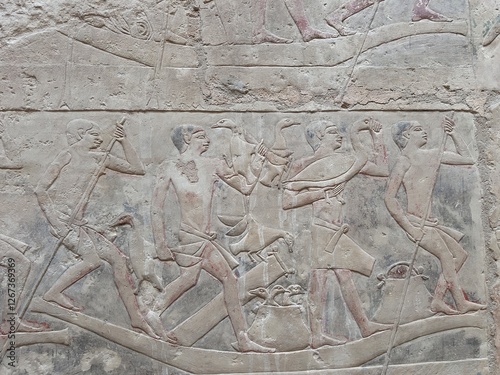 Reliefs in the tombs of inefert, unas Ankh and princess Idut showing daily life rituals in Saqqarah in Egypt