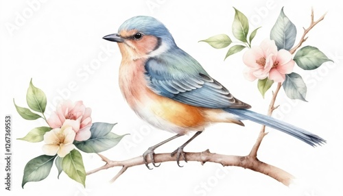 Colorful Bird Sitting on Branch Amidst Delicate Flowers in Soft Watercolor Style for Nature and Art Lovers