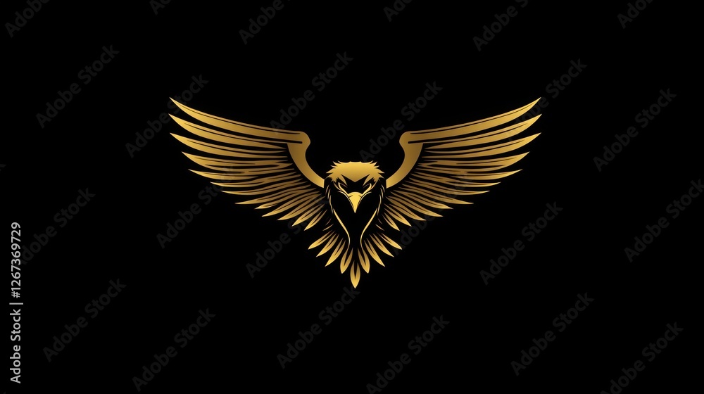 Golden eagle spreads wings wide on dark background. For emblem, logo, symbol Golden eagle spreads wings wide on dark background. For emblem, logo, symbol