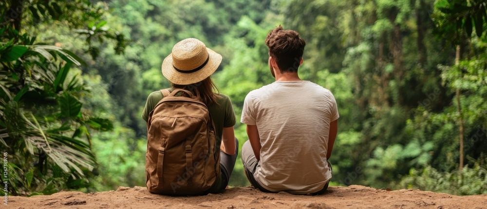 Couple Enjoying Scenic View of Lush Green Jungle Landscape Couple Enjoying Scenic View of Lush Green Jungle Landscape