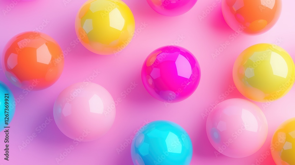 A colorful arrangement of shiny, round balls on a pink background, featuring vibrant colors like pink, blue, yellow, and orange. A colorful arrangement of shiny, round balls on a pink background, featuring vibrant colors like pink, blue, yellow, and orange.