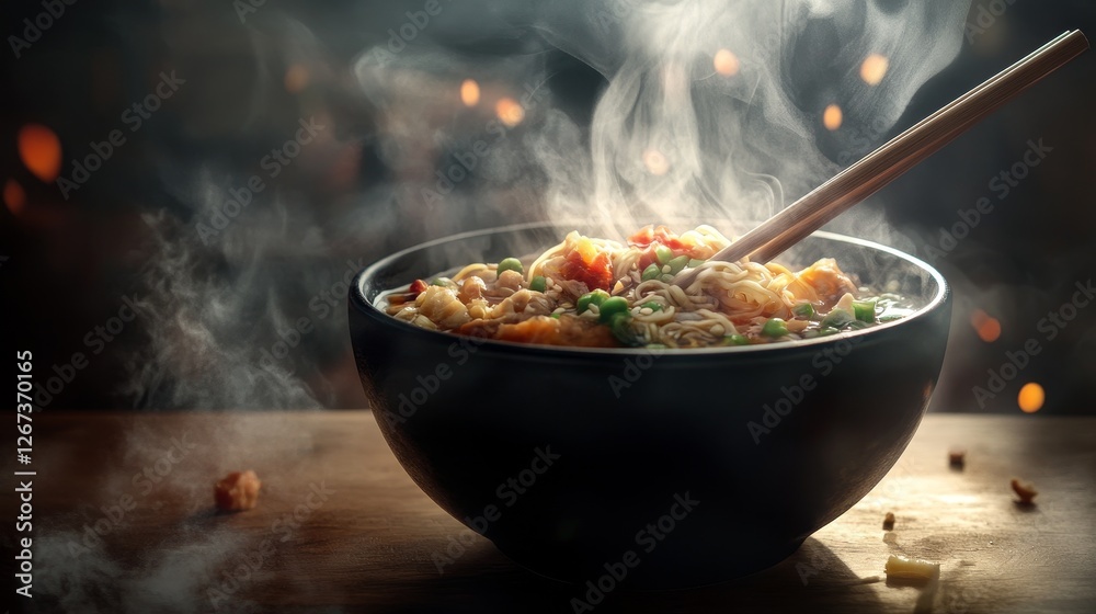 Steaming Bowl of Noodles with Fresh Vegetables and Chopsticks Steaming Bowl of Noodles with Fresh Vegetables and Chopsticks