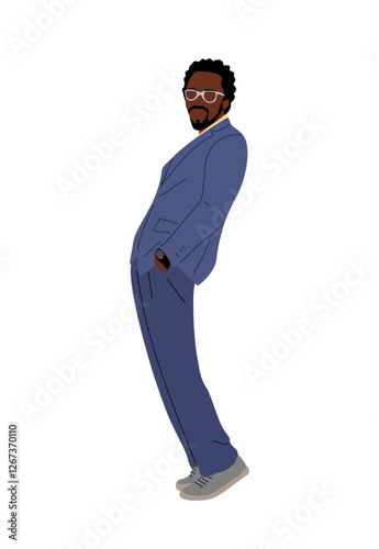 Black businessman character standing side view. Handsome bearded african american business man in formal office outfit, blue suit, glasses. Vector colorful illustration isolated