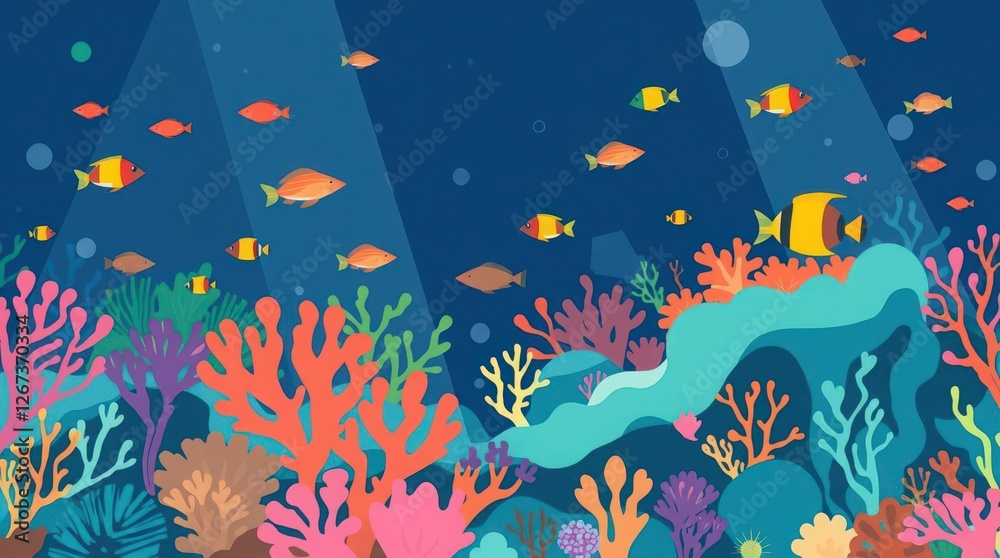 Naklejka premium Colorful Coral Reef with Tropical Fish Swimming Underwater