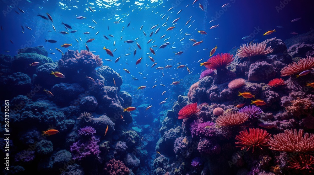 Fototapeta premium Vibrant Coral Reef Scene with Colorful Fish Swimming in Ocean Depths