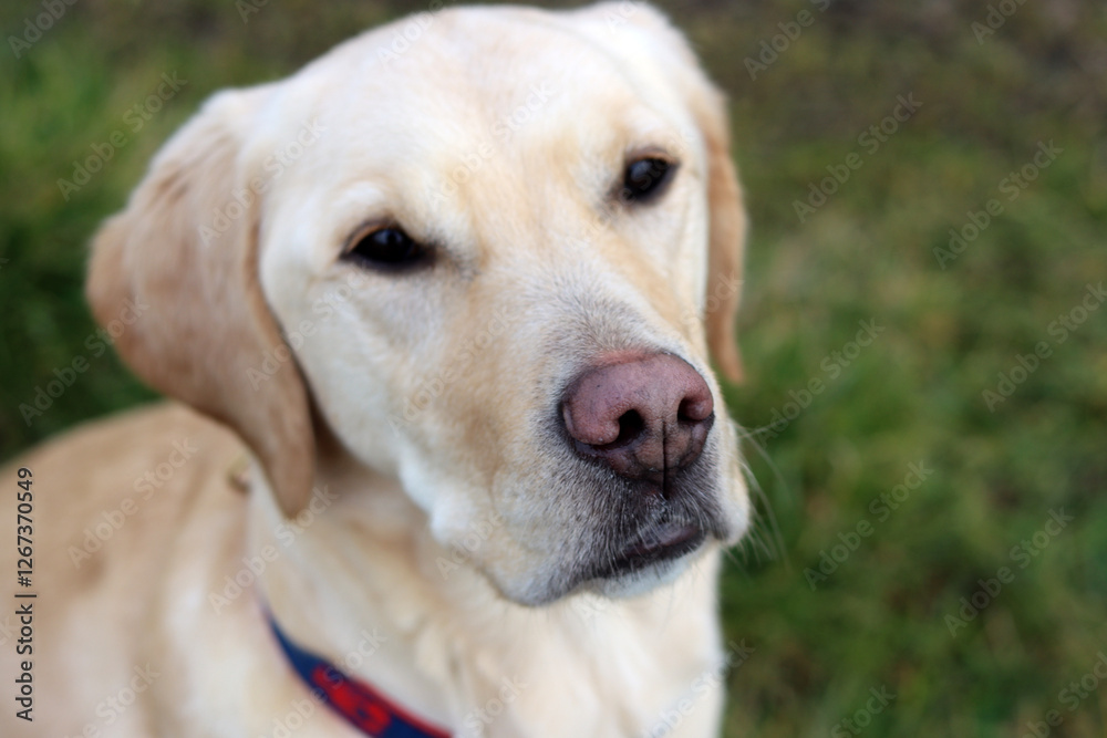 Labrador Retriever sitting on the grass in the park. Happy pet outdoors activity. Dog's health concept. Labrador Retriever sitting on the grass in the park. Happy pet outdoors activity. Dog's health concept.