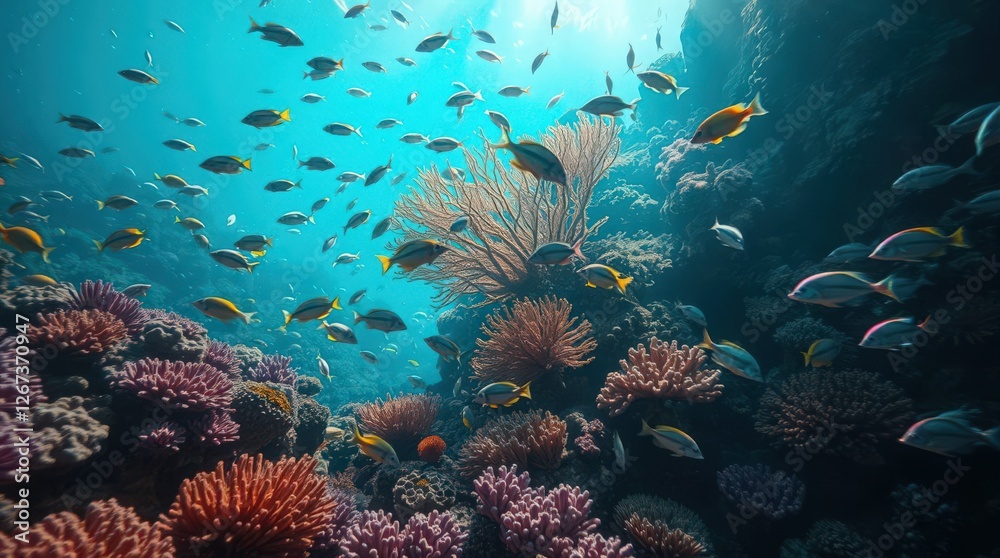 Naklejka premium Colorful Reef Ecosystem with Diverse Marine Life Underwater Scene