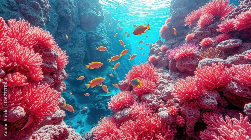 Obraz premium Vibrant Coral Reef with Colorful Fish Swimming Beneath Water Surface