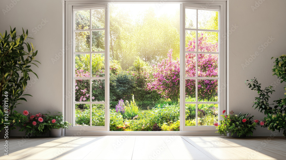 Fototapeta premium 3D Garden window house room design interior architecture ideas scenery nature landscape window decor wallpaper