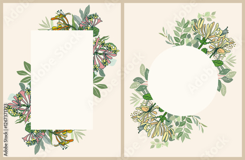 Wallpaper Mural Set of Colorful frame borders with honeysuckle blooming meadow flowers and eucalyptus leaves. Natural background with a place for text. Elegant floral cards. Vector illustration in hand drawn style. Torontodigital.ca