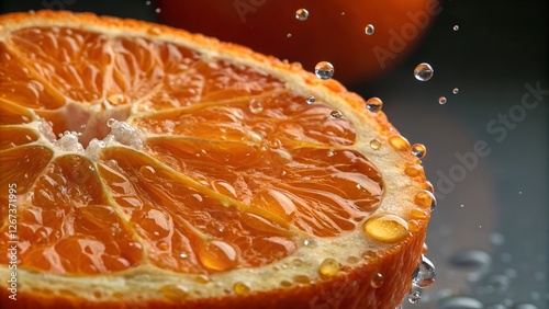 Sliced Orange with Water Droplets: A macro shot captures the vibrant orange interior of a juicy orange slice as water droplets cascade around it, creating a captivating symphony of texture and color.