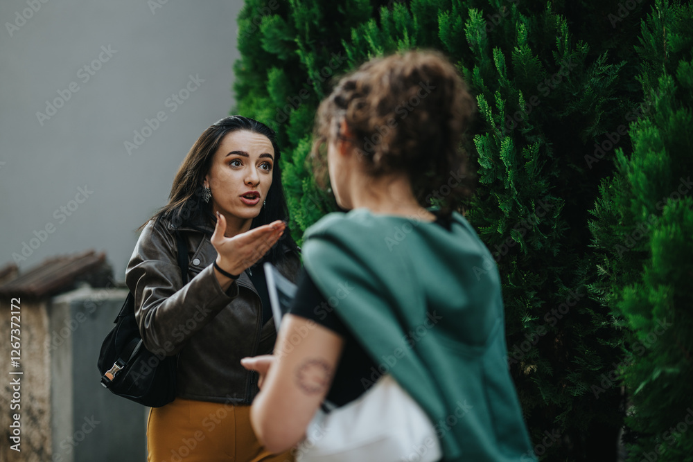 Obraz premium Two women are in engaged in an emotional interaction in an outdoor setting. The backdrop shows a tree and a wall, conveying depth and connection. Emotional expressions are prominently visible.