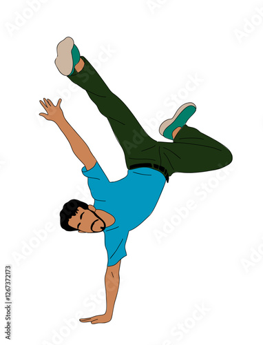 Man dancer hip hop, breakdance colorful outline vector drawing isolated on transparent background. Bearded guy dancing street dance colored sketch. Korean japanese asian thin line style.