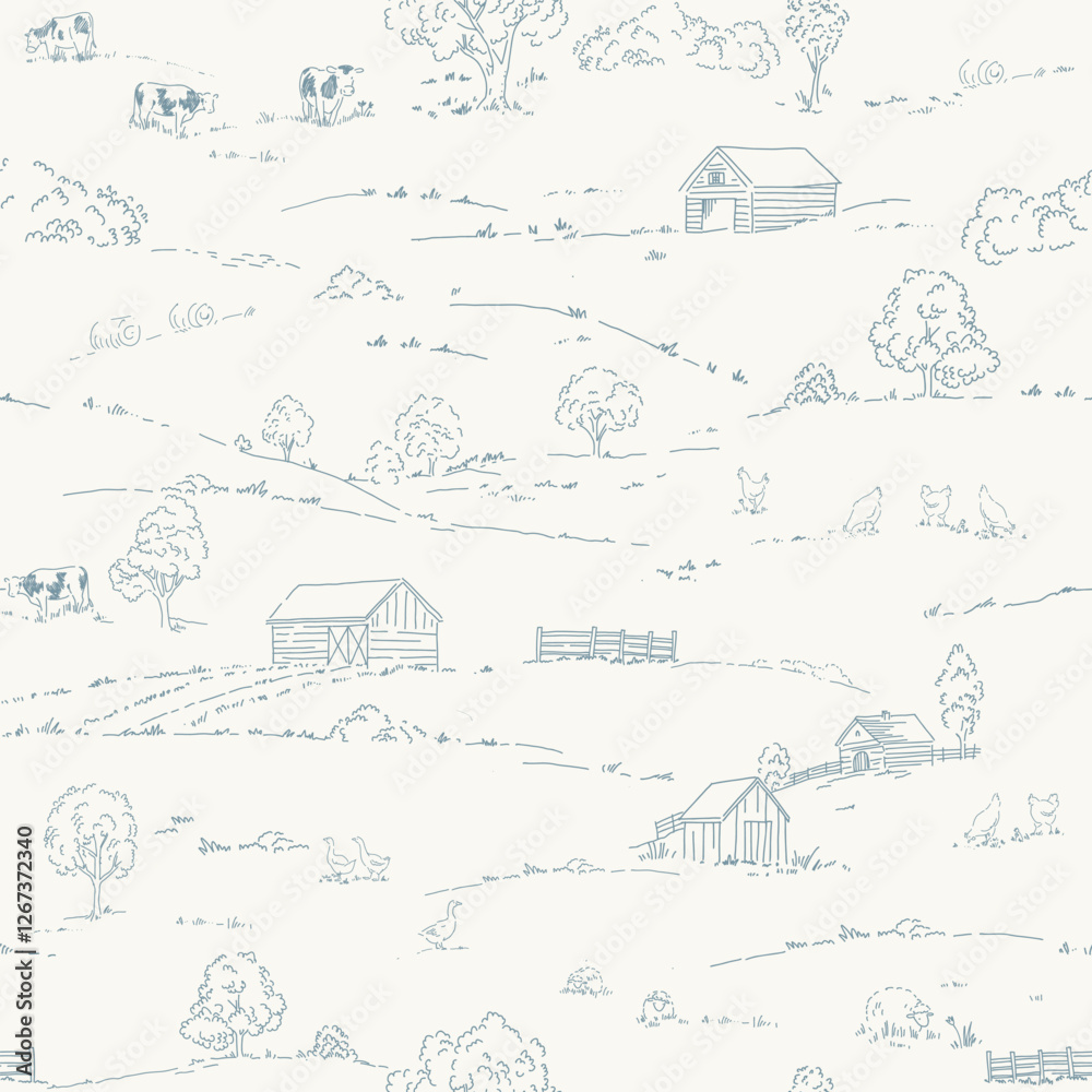 Fototapeta premium Vintage Landscape vector seamless pattern. Stock hand drawn Illustration. Toile de Jouy design featuring picturesque countryside views.