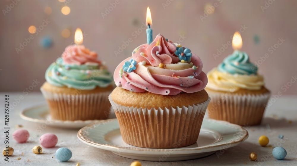 Colorful cupcakes with lit candles arranged on a decorative plate ready for celebration