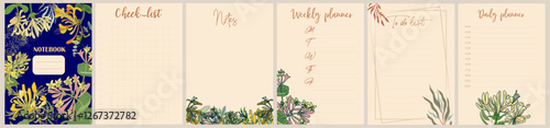 Notebook pages and cover template with colorful honeysuckle flowers. Planner, diary, notepad, organizer with cute floral design. Vector cards, notes, stickers, labels, tags paper sheet illustrations.