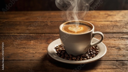 Cup of coffee with steam rising from the surface placed on a wooden table in a cozy setting