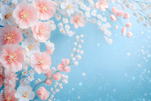 A blue background with a white and pink flowery border