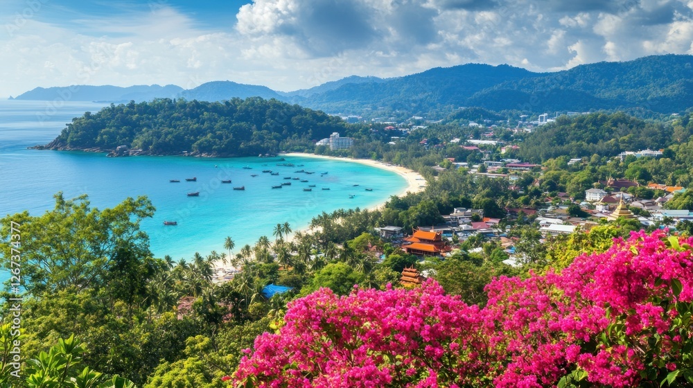 Obraz premium Tropical Island Paradise Beachscape Boats And Lush Greenery