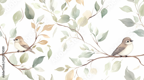 Hand-drawn birds on branches with leaves, a soft color palette of beige and brown tones on a white background, creating a seamless wallpaper or mural painting design. Tile pattern, seamless wallpaper.
