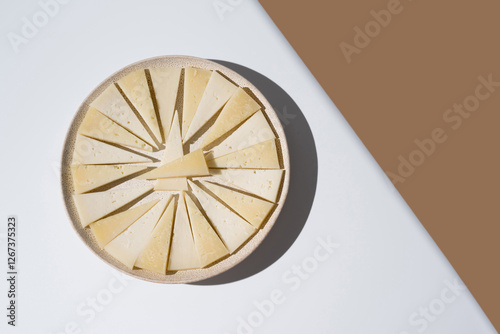 Trozos de queso de oveja curado y de cabra mezclados en un plato sobre fondo blanco y marrón. Vista superior