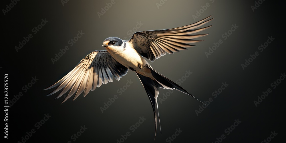 Obraz premium A swallow bird flies effortlessly through the air, its vibrant feathers catching the light. The scene captures the essence of spring with the bird's graceful movement. 