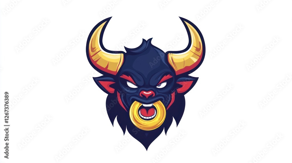 Fierce bull head with golden nose ring, powerful, isolated on white, symbol of strength, for sports team logo Fierce bull head with golden nose ring, powerful, isolated on white, symbol of strength, for sports team logo