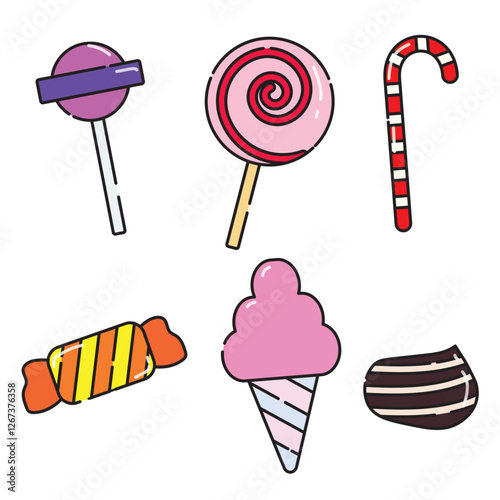 candy logo set. lollipop and candy doodle design. various types of candy