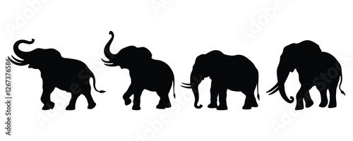 Elephant on white background. Collection of elephant silhouettes in various forms. Side view and full body of elephant for design. Vector illustration.