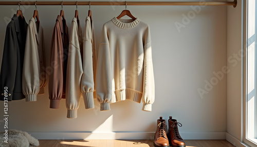 The sweaters are hanging on the rack in the closet.