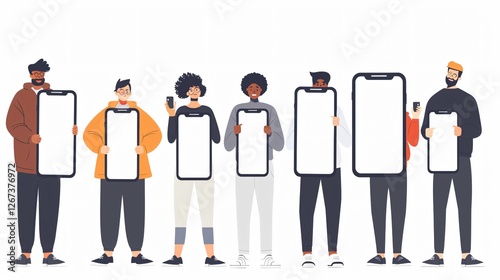 Diverse Character Group Holding Blank Phone Display Device