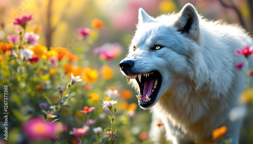 White wolf growling fiercely amidst vibrant wildflowers in springtime photo