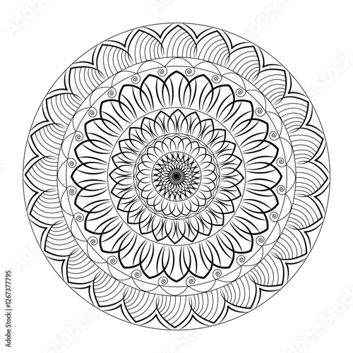 Abstract spiral minimalist mandala design in black and white background.
