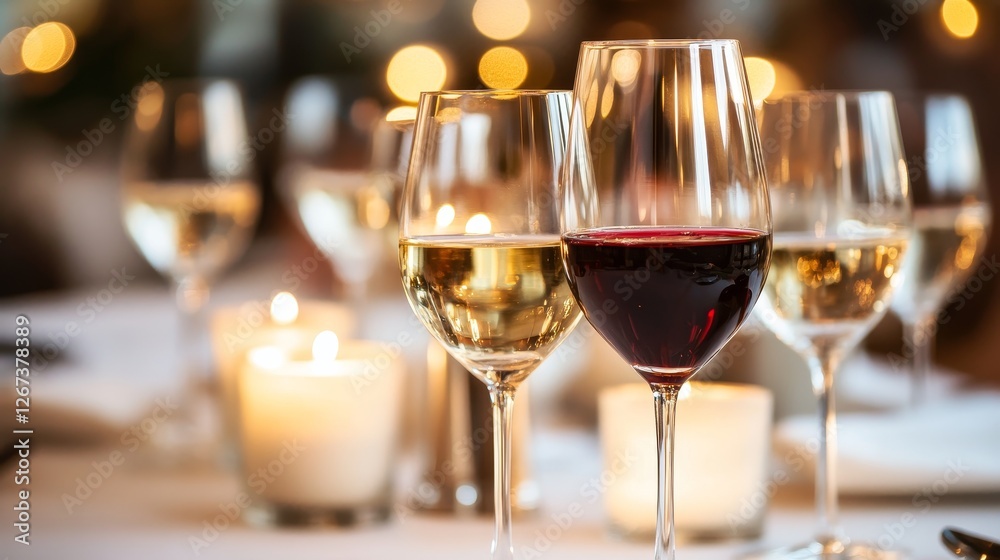 Elegant Table Setting with Red and White Wine Glasses and Candles Elegant Table Setting with Red and White Wine Glasses and Candles