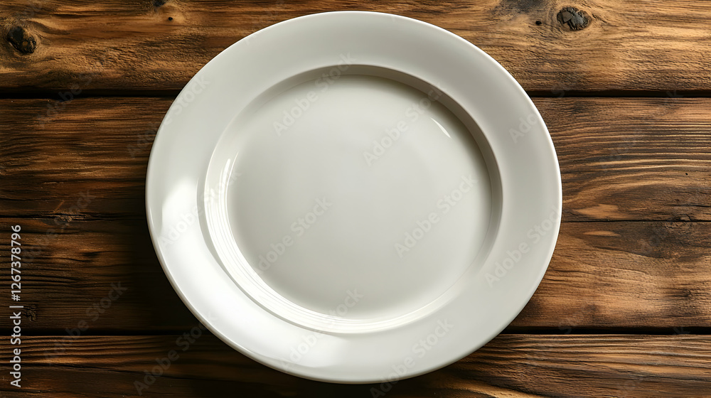 Empty White Plate On Wooden Table Empty White Plate On Wooden Table