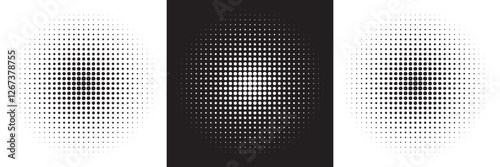 Set of halftone dots gradient pattern texture isolated on white background. Straight dotted spots using halftone circle dot raster texture. Vector blot half tone collection.